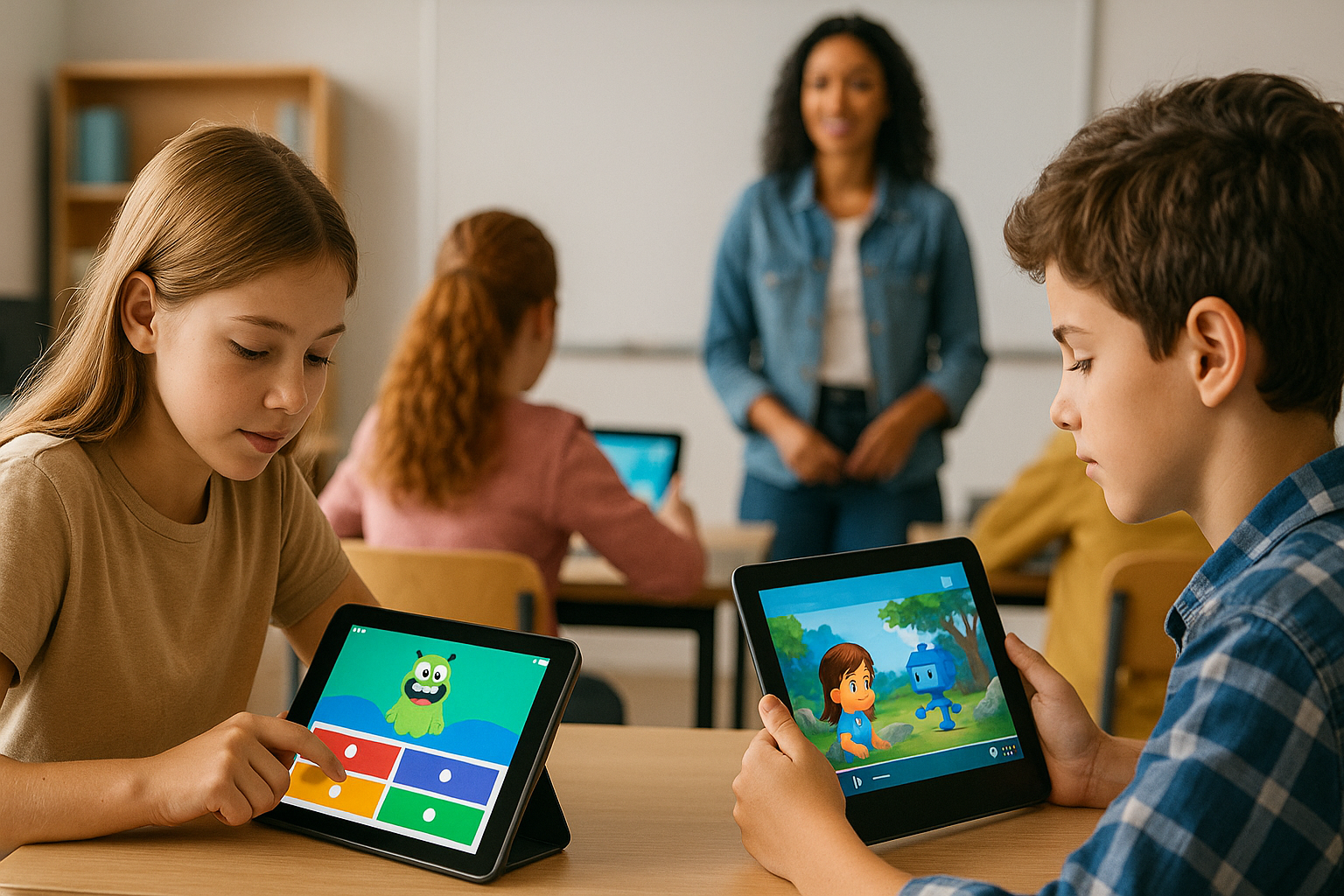 Imagen 4: Palacios, G. A. (2025). [Niños usando tabletas con aplicaciones educativas en un aula con presencia de una docente]. DALL·E 3.