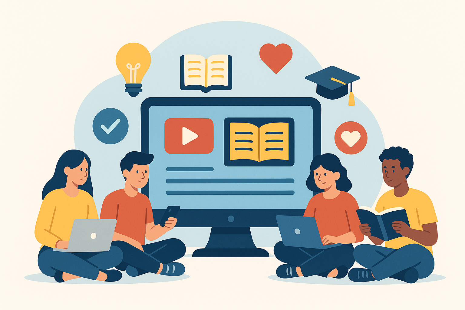 Imagen 2: Palacios, G. A. (2025). [Ilustración de estudiantes sentados alrededor de una pantalla gigante con íconos de libro, video, corazón y graduación, representando recursos digitales educativos]. DALL·E 3.