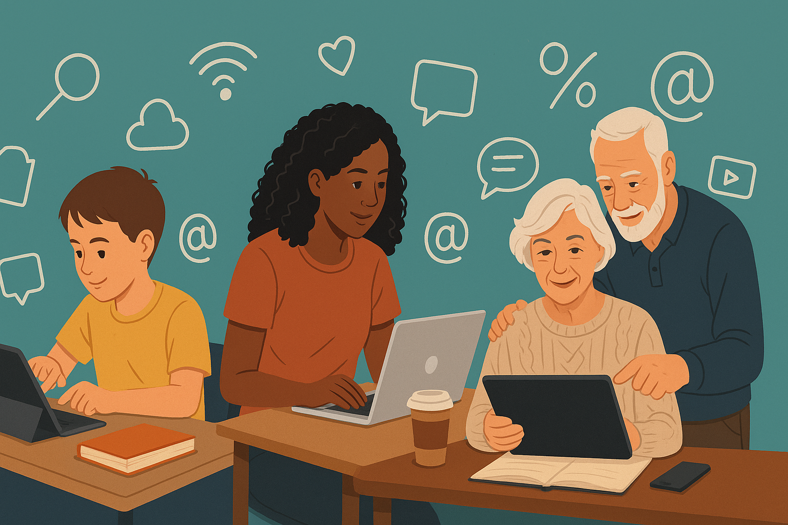 Imagen 4: Palacios, G. A. (2025). [Ilustración de personas mayores, adultos y niños aprendiendo juntos con dispositivos digitales en un entorno inclusivo]. DALL·E 3.