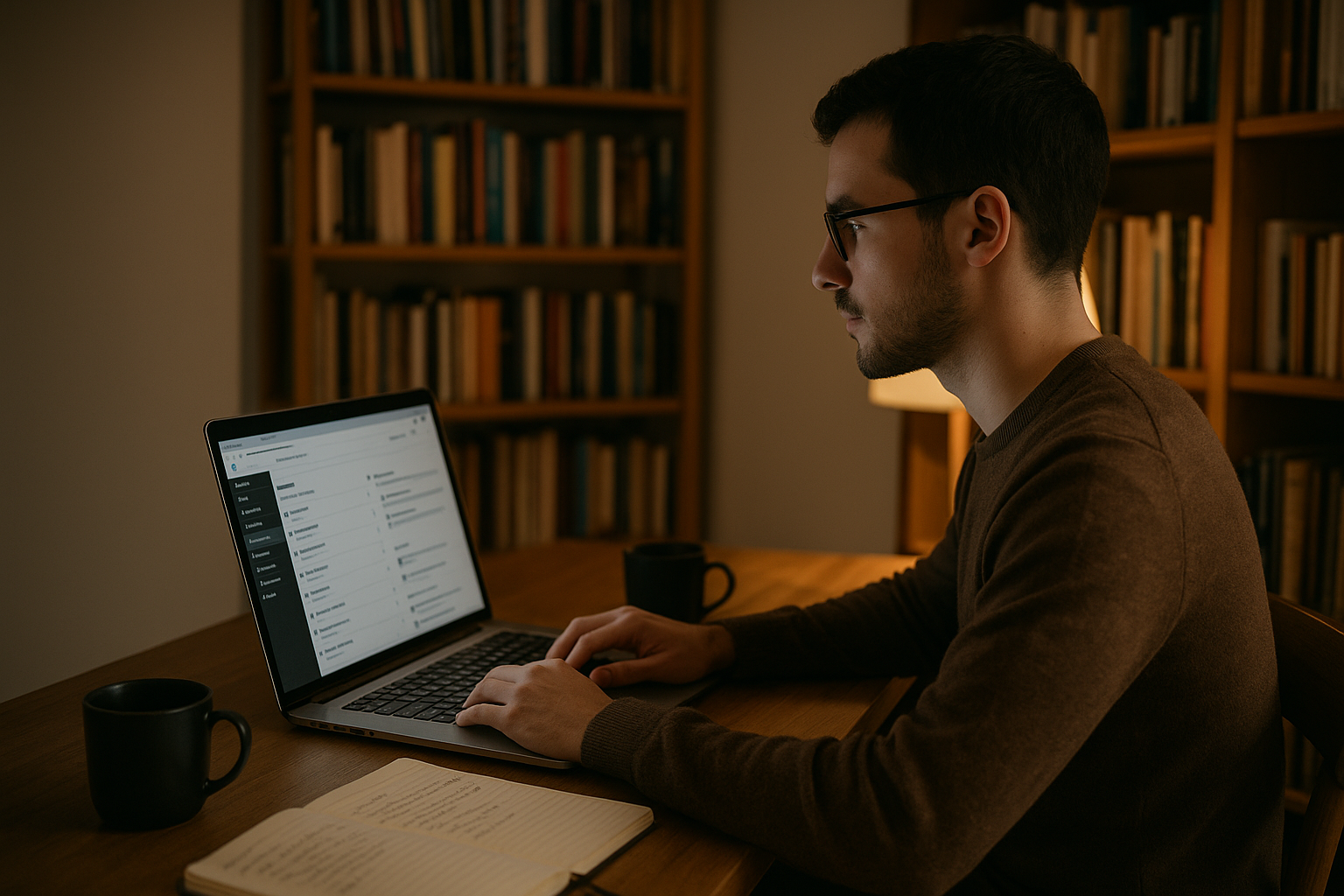 Imagen 5: Palacios, G. A. (2025). [Joven investigando en una biblioteca con laptop y cuaderno, en un entorno cálido y silencioso]. DALL·E 3.