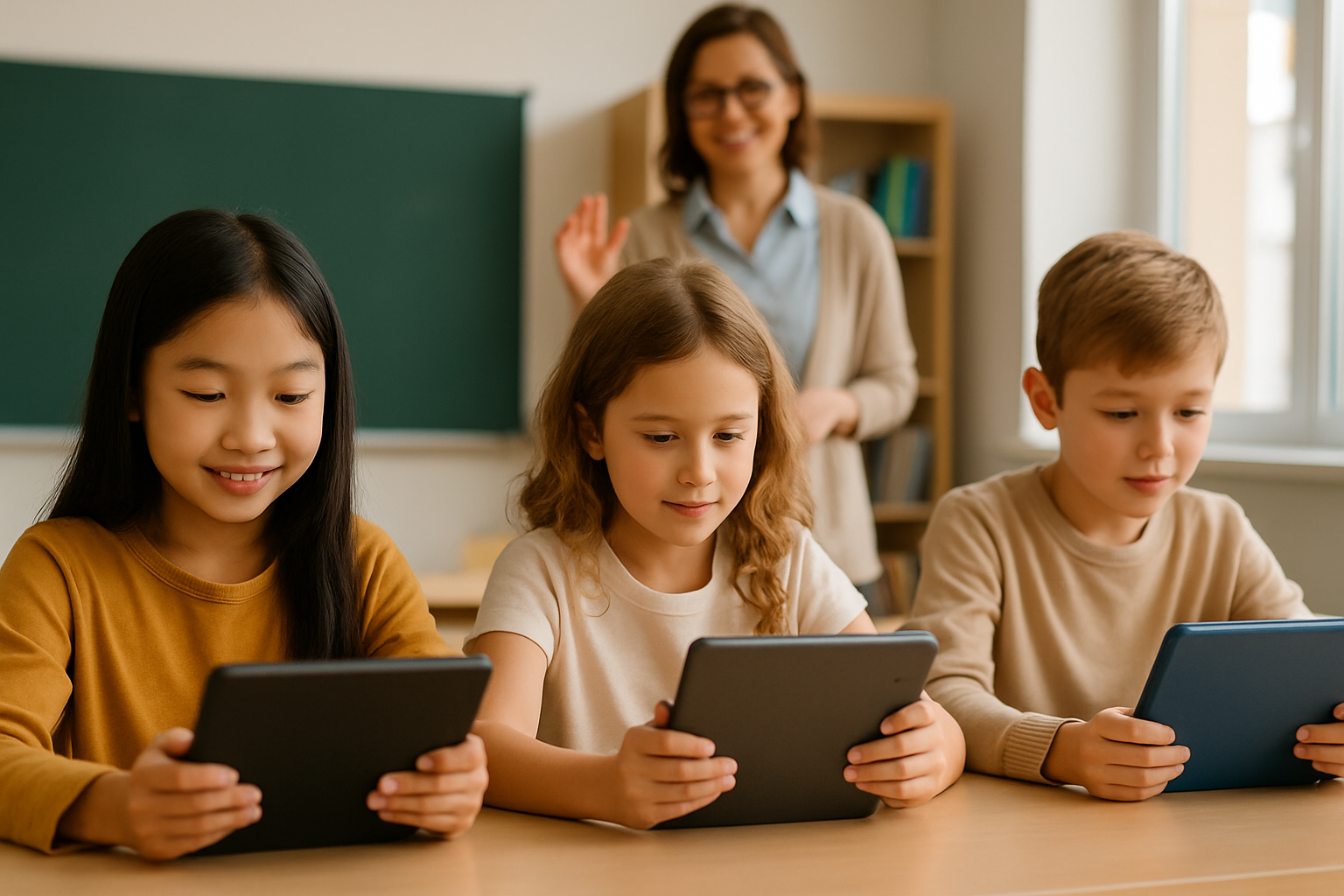 Imagen 6: Palacios, G. A. (2025). [Niños usando tabletas digitales en un aula escolar con supervisión docente]. DALL·E 3.