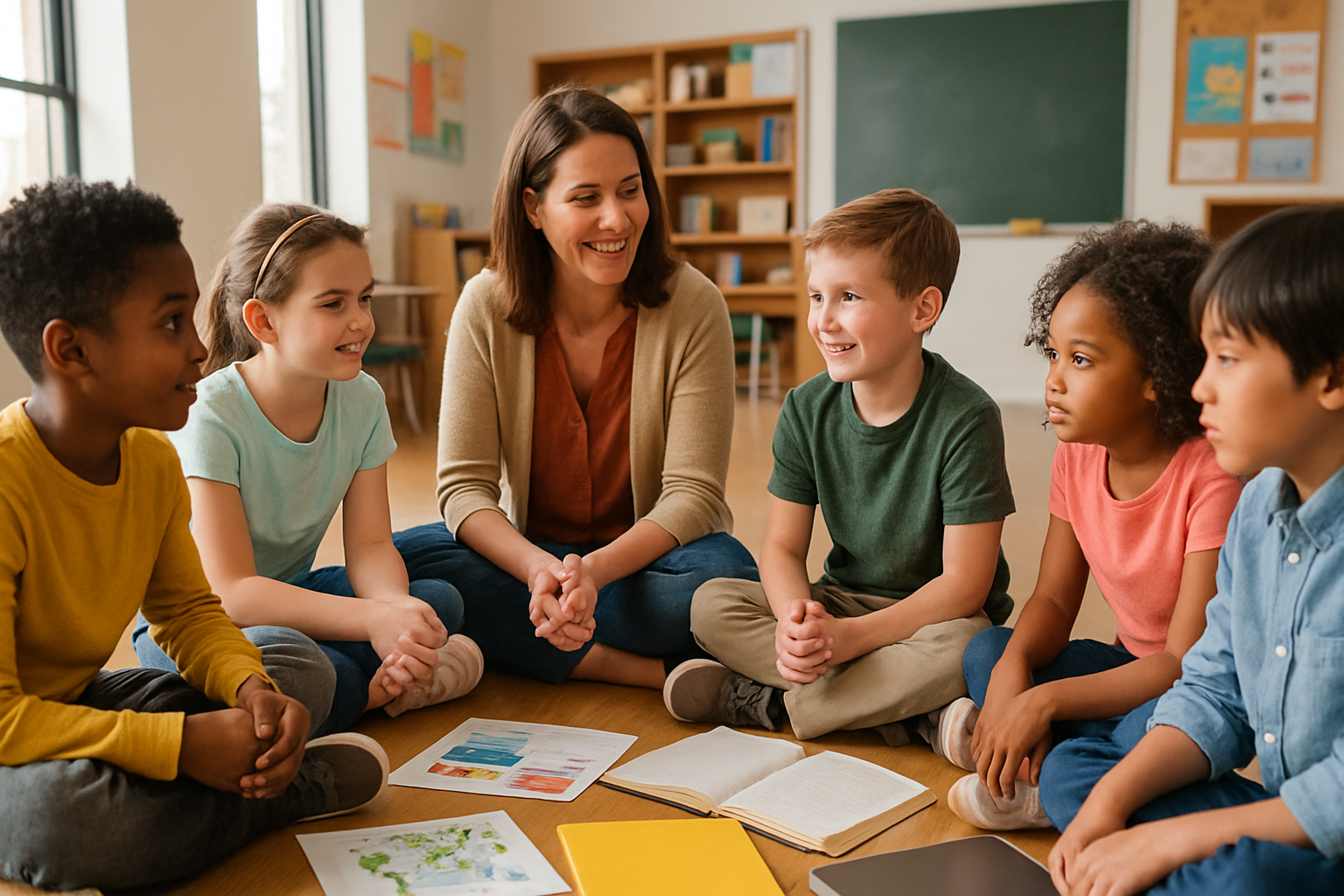 Imagen 2: Palacios, G. A. (2025). [Docente y niños sentados en círculo en el aula, participando en una conversación con materiales educativos]. DALL·E 3.