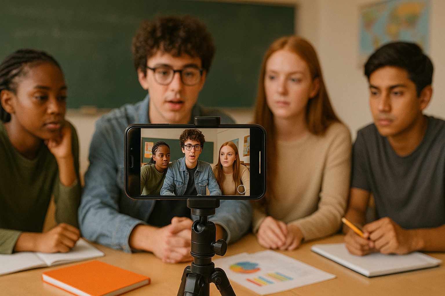 Imagen 3: Palacios, G. A. (2025). [Grupo de adolescentes grabando un video educativo con un teléfono móvil en el aula]. DALL·E 3.