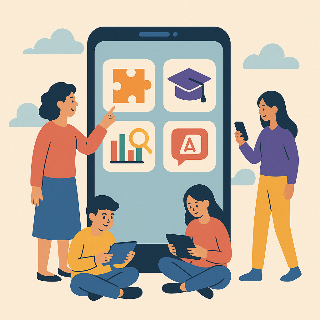 Imagen 5: Palacios, G. A. (2025). [Ilustración de un celular gigante con íconos de aplicaciones educativas y estudiantes alrededor]. DALL·E 3.