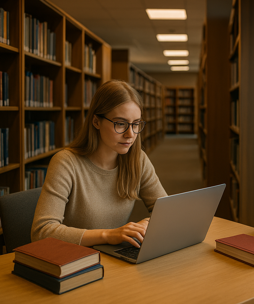 Imagen 2: Palacios, G. A. (2025). [Estudiante en biblioteca académica usando laptop rodeada de libros, representando investigación en repositorios]. DALL·E 3.