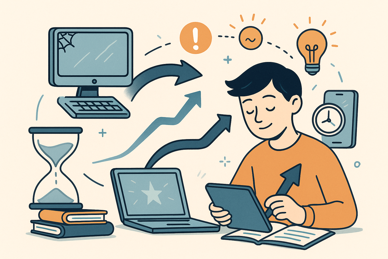 Imagen 6: Palacios, G. A. (2025). [Ilustración de estudiante transitando de tecnología obsoleta a recursos digitales organizados con enfoque reflexivo]. DALL·E 3.