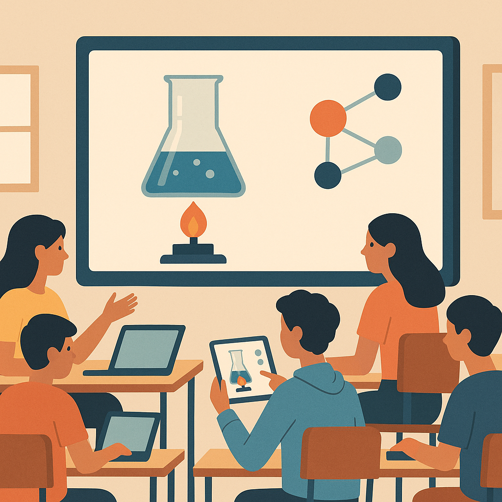 Imagen  1. Palacios, G. A. (2025). [Estudiantes interactuando con una simulación virtual de laboratorio en una clase de ciencias]. DALL-E 3