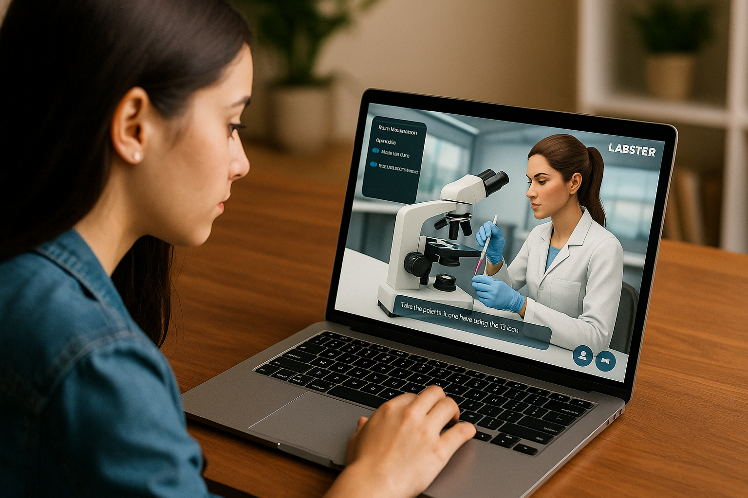 Imagen  3. Palacios, G. A. (2025). [Estudiante realizando un experimento de biología en un laboratorio virtual usando la plataforma Labster]. DALL-E 3