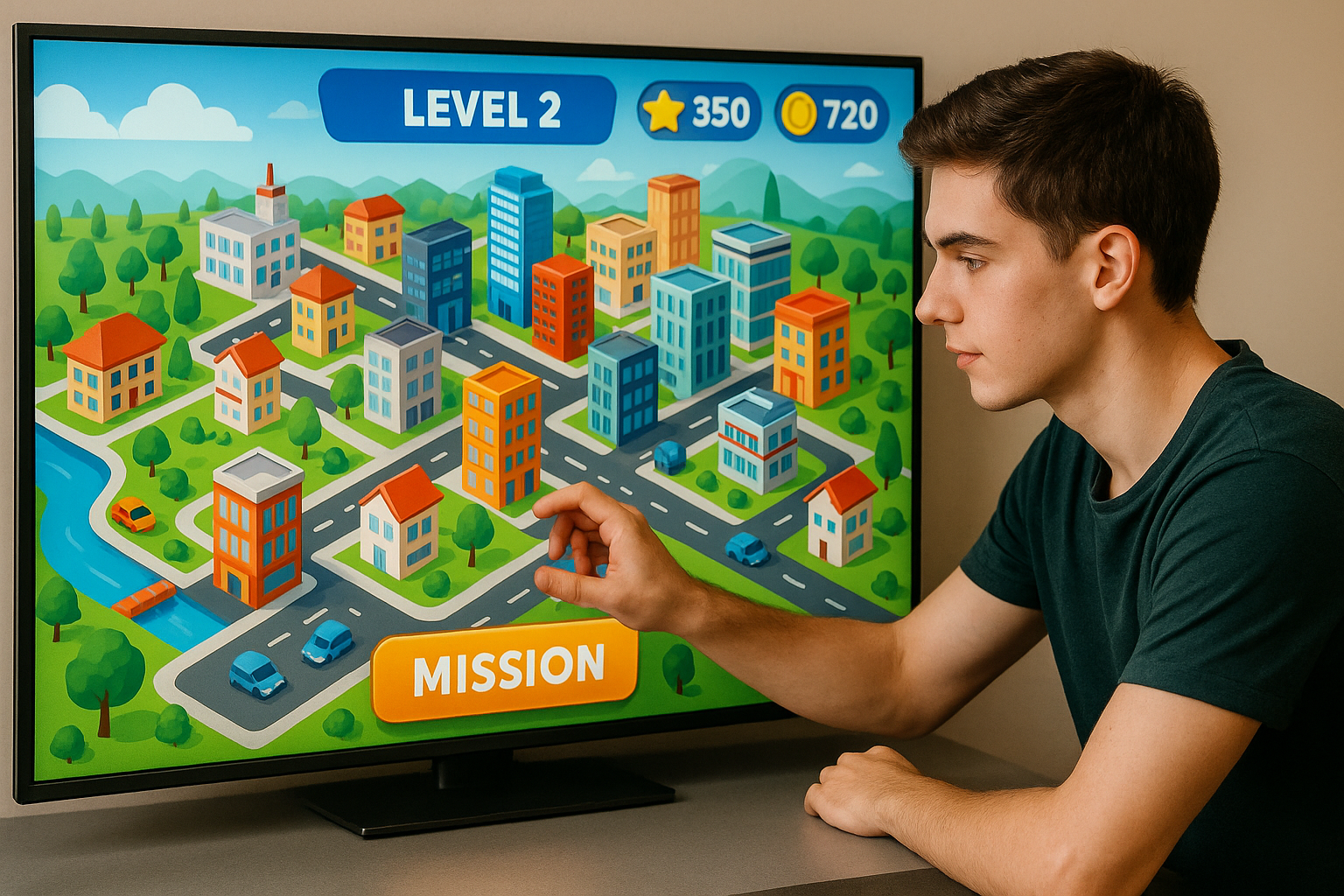 Imagen  4. Palacios, G. A. (2025). [Estudiante interactuando con una simulación gamificada de ciudad en un entorno virtual educativo]. DALL-E 3