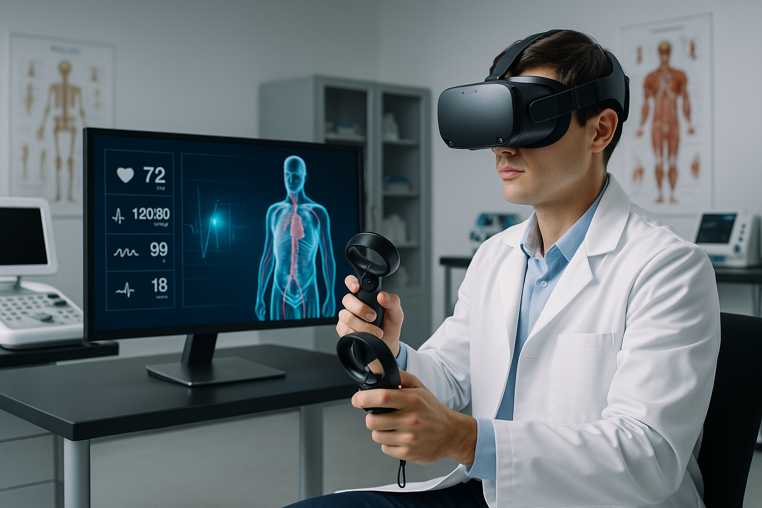 Imagen 5. Palacios, G. A. (2025). [Estudiante de medicina practicando simulaciones clínicas con realidad virtual en un entorno educativo]. DALL-E 3.