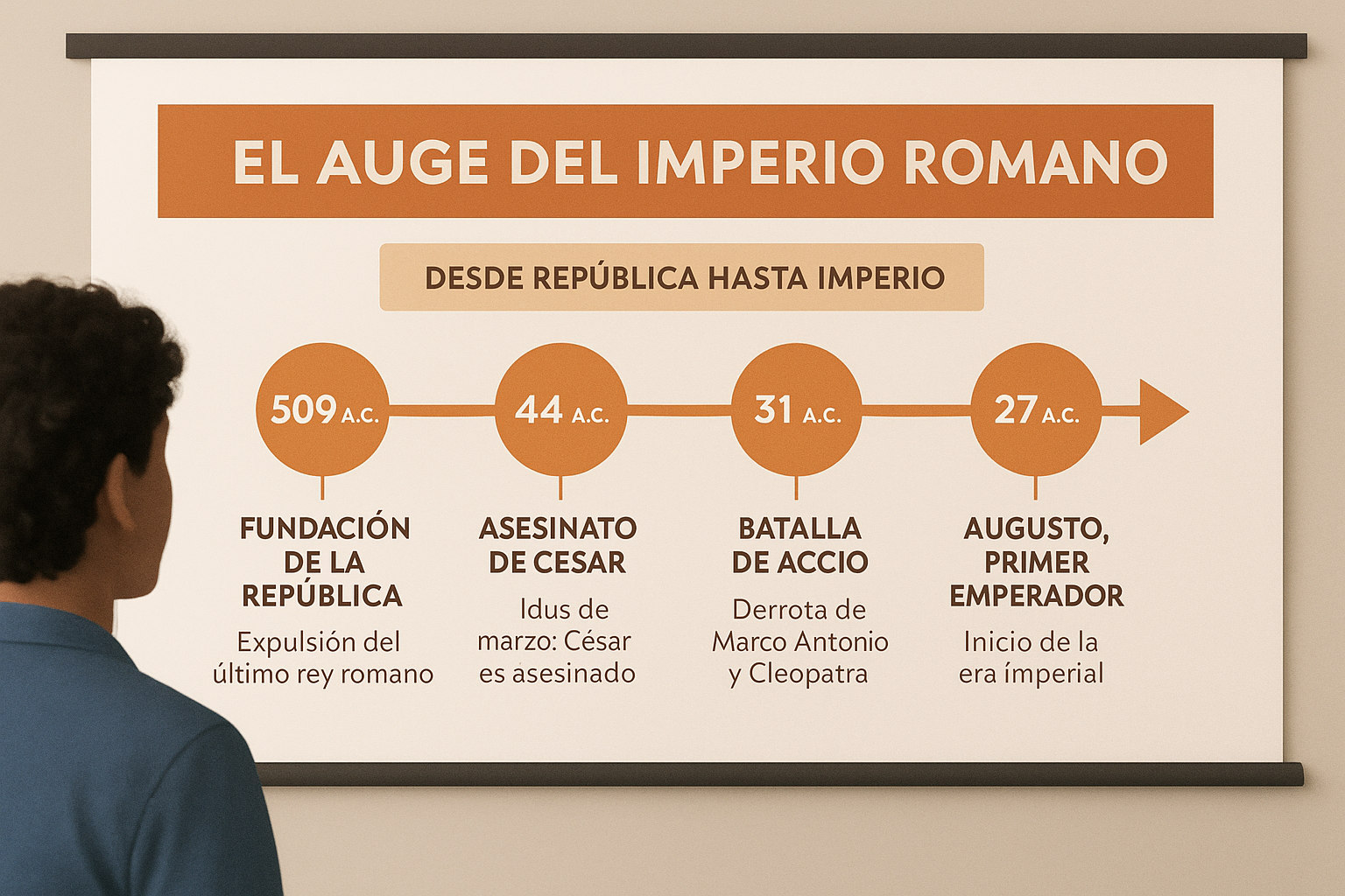 Imagen 3. Palacios, G. A. (2025). [Infografía educativa con línea del tiempo sobre el auge del Imperio romano, mostrando eventos clave con jerarquía visual]. DALL-E 3
