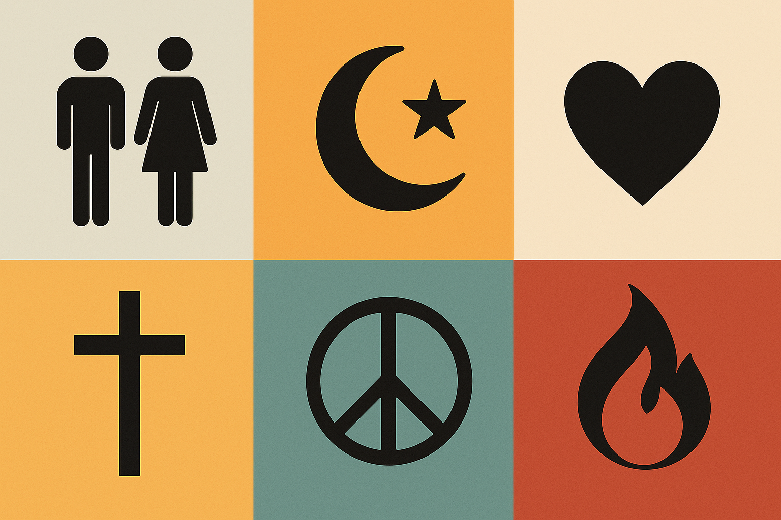 Imagen7. Palacios, G. A. (2025). [Ilustración de seis símbolos que representan significados culturales compartidos: género, religión, paz, amor, espiritualidad y energía]. DALL-E 3
