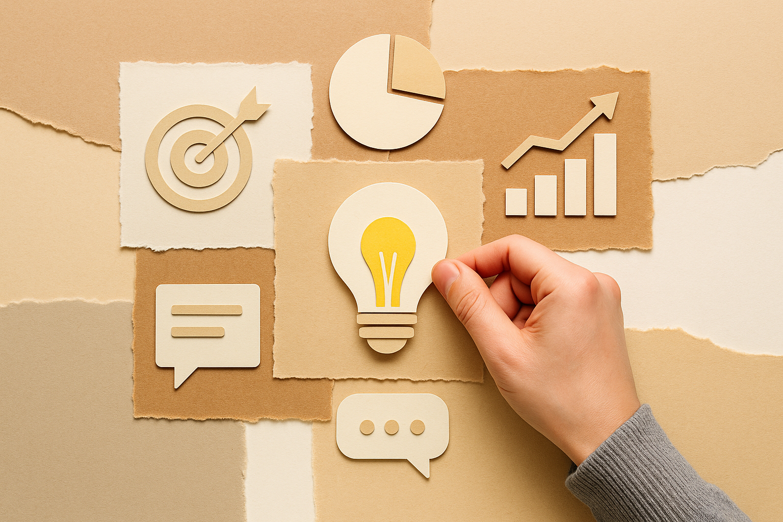 Imagen 1. Palacios, G. A. (2025). [Mano organizando elementos visuales simbólicos en una composición de papel recortado con íconos de comunicación e ideas]. DALL-E 3