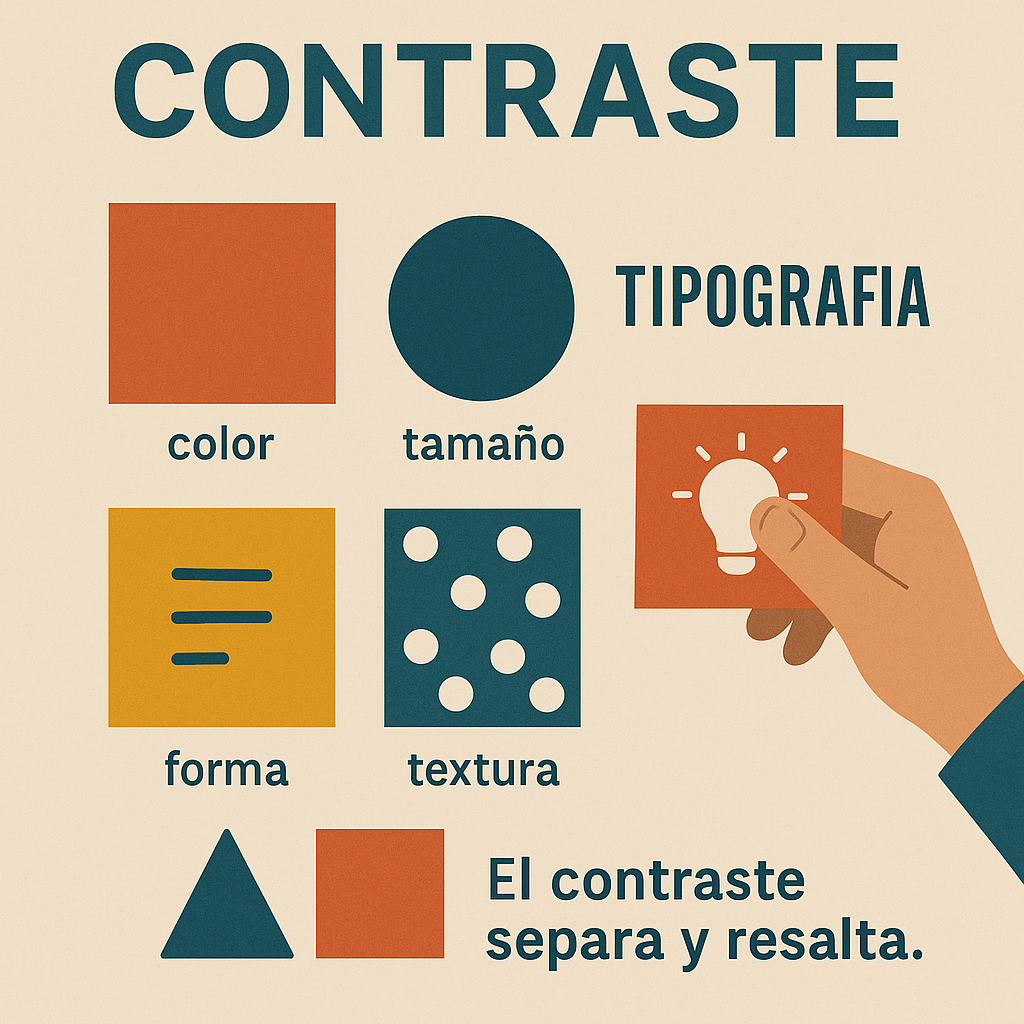 Imagen 3. Palacios, G. A. (2025). [Infografía educativa sobre los diferentes tipos de contraste visual en diseño: color, tamaño, tipografía, forma y textura]. DALL-E 3