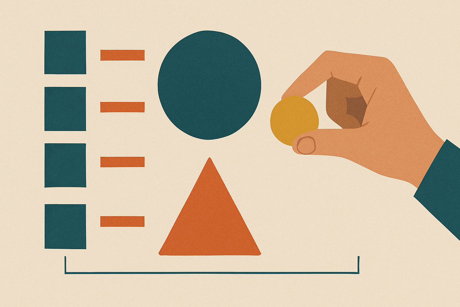 Imagen 4. Palacios, G. A. (2025). [Ilustración de formas geométricas alineadas visualmente con intervención de una mano organizadora]. DALL-E 3