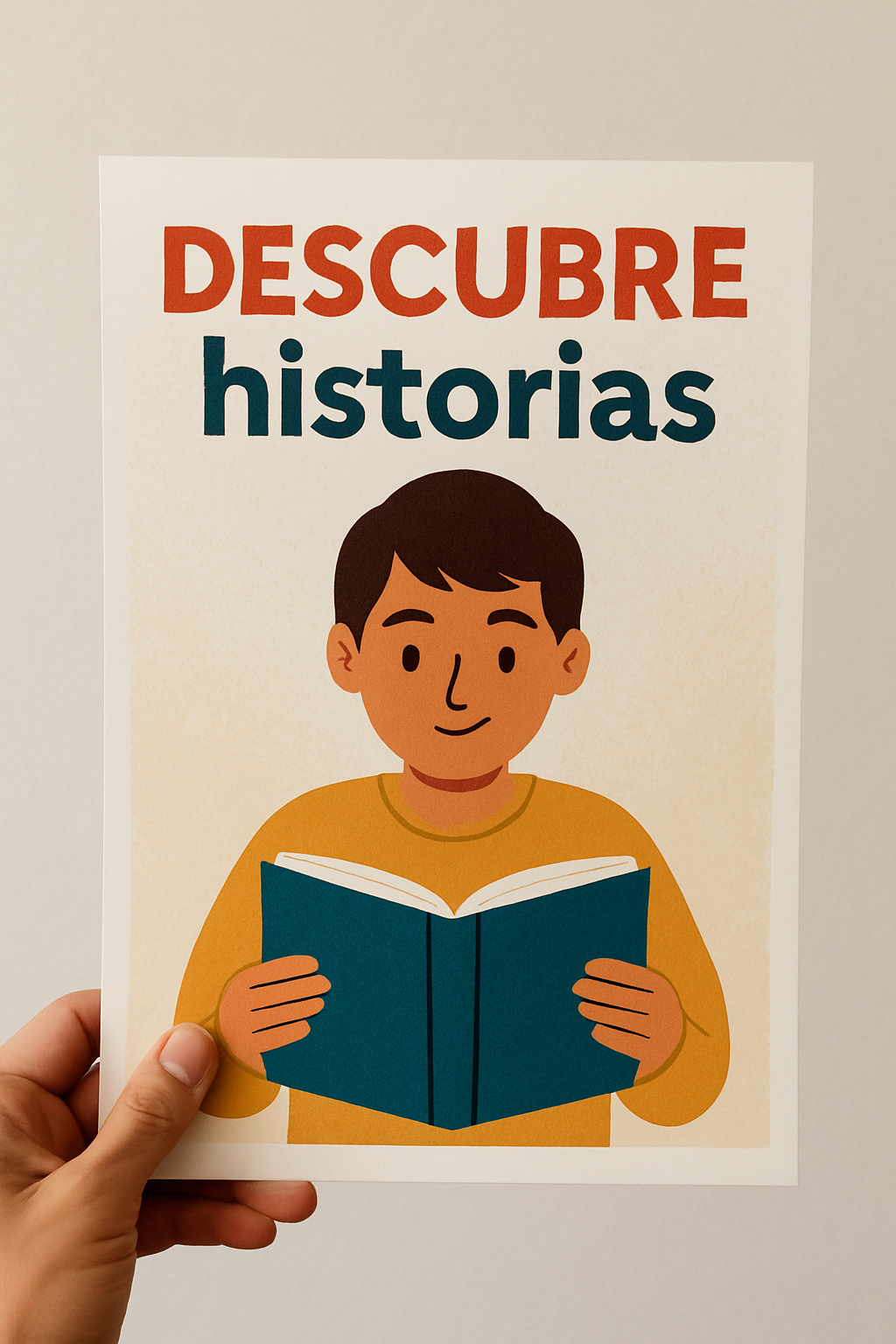  Imagen 2 Palacios, G. A. (2025). [Fotografía de un cartel con el texto “Descubre historias” y una ilustración central de una persona leyendo un libro abierto]. DALL-E 3