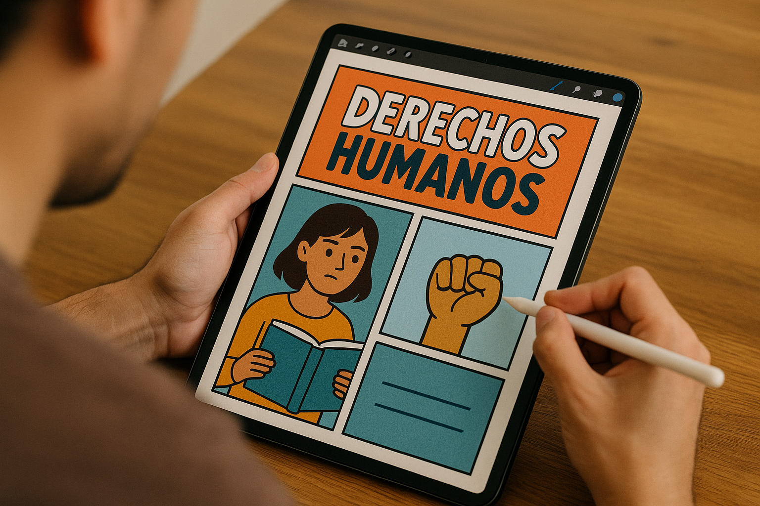 Imagen 3. Palacios, G. A. (2025). [Persona ilustrando en una tablet un cómic sobre derechos humanos con el símbolo del puño cerrado]. DALL-E 3