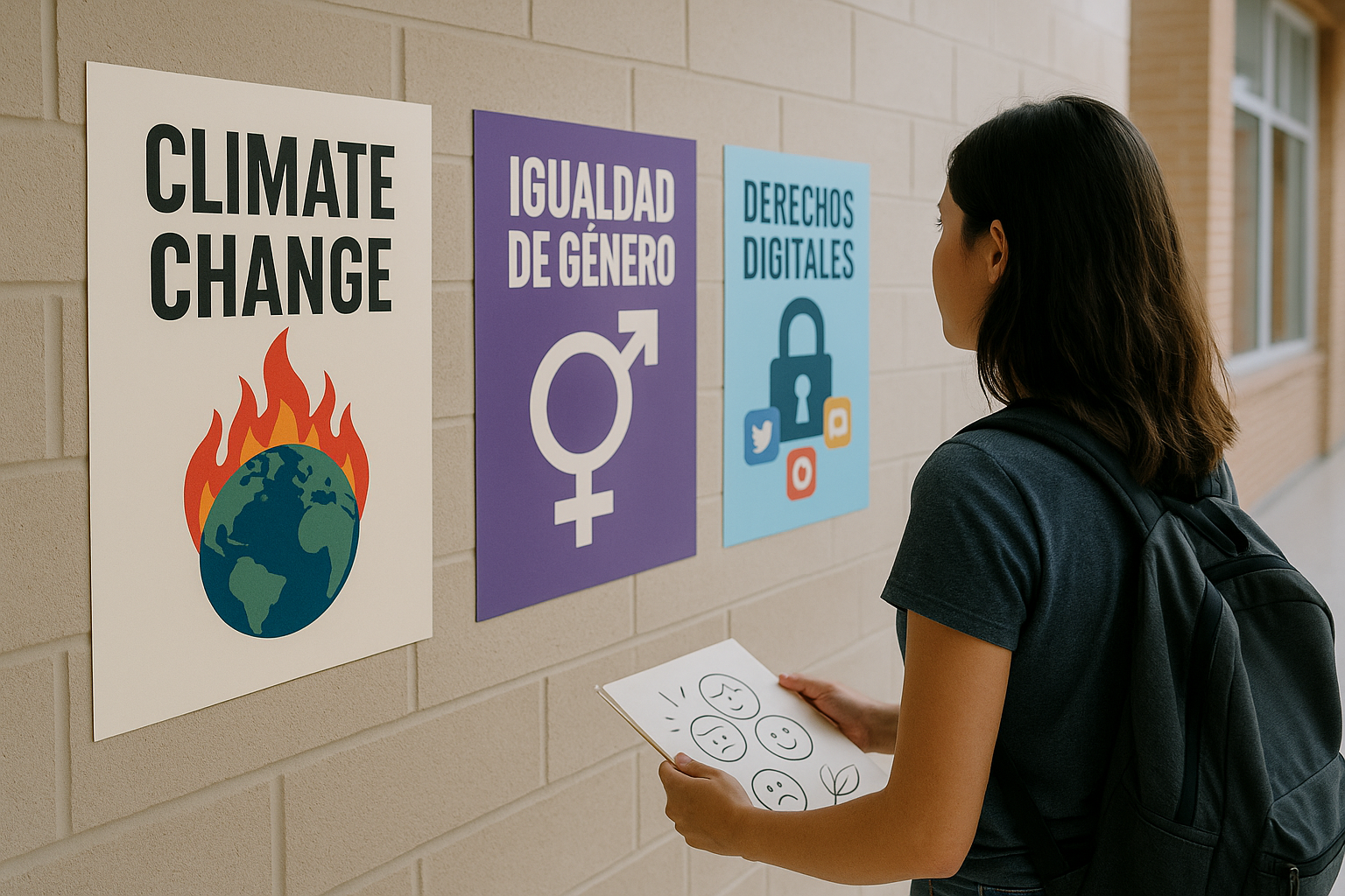 Imagen 4. Palacios, G. A. (2025). [Joven observa afiches sobre cambio climático, igualdad de género y derechos digitales en el pasillo de una universidad]. DALL-E 3