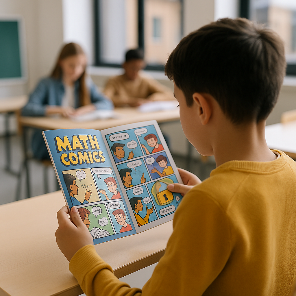Imagen 6. Palacios, G. A. (2025). [Fotografía de un niño leyendo un cómic de matemáticas desde su perspectiva en el aula]. DALL-E 3