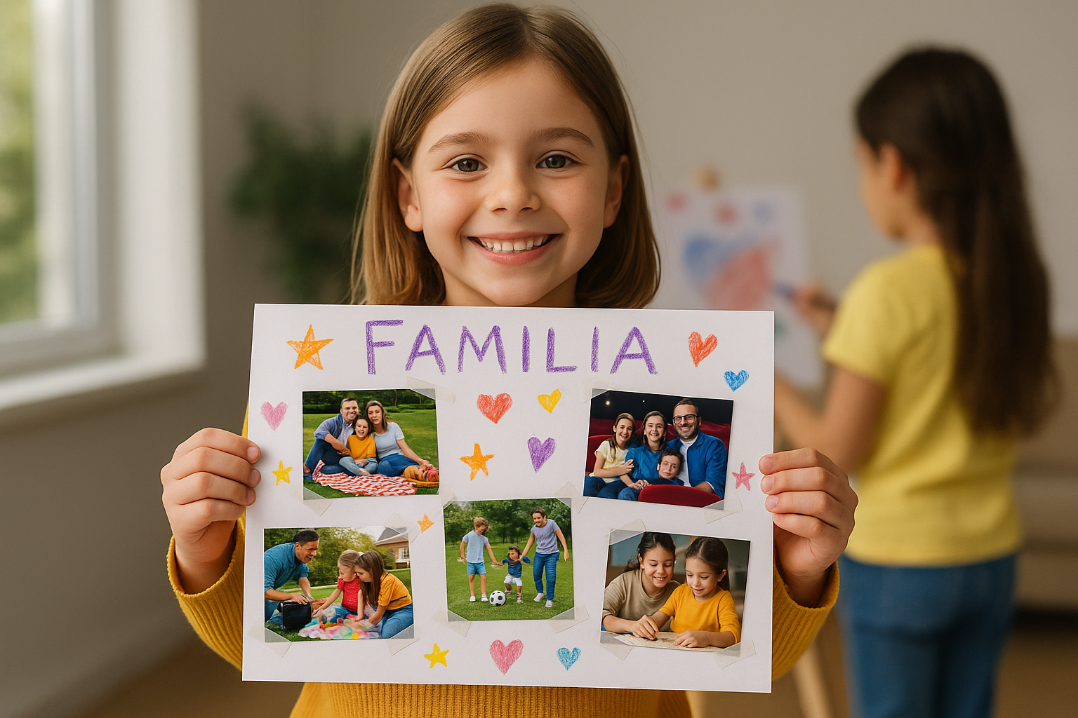 Imagen 7 Palacios, G. A. (2025). [Niña mostrando con orgullo un afiche titulado “Familia”, decorado con crayones y fotos de momentos familiares]. DALL-E 3.