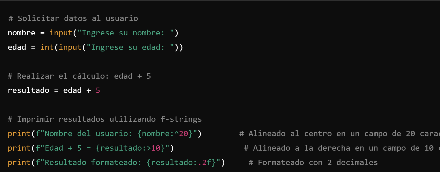 Imagen 1: Ejemplo de f-Strings con Variables y Expresiones - Damián Nicolalde Rodríguez. (2024). 