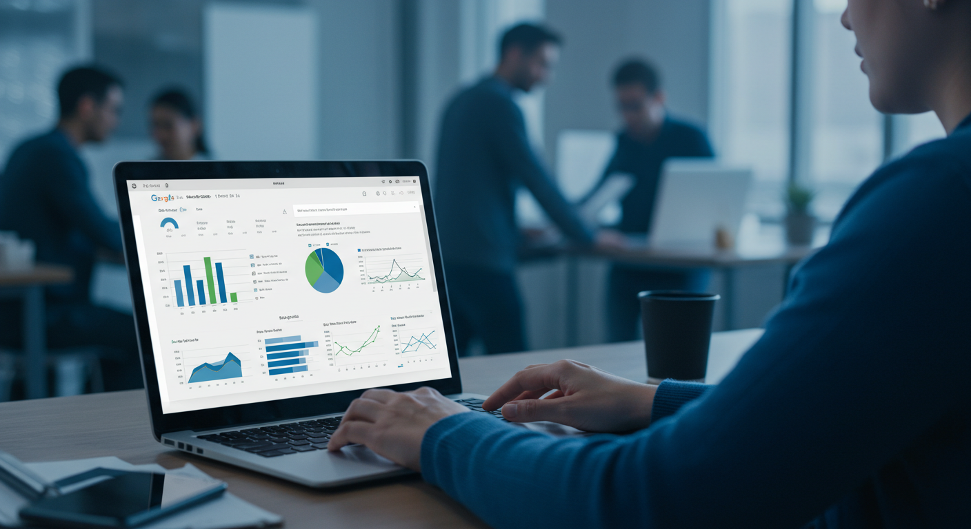 Figura 5 Persona usa Google Sheets con gráficos y tarjetas clave integrados en un dashboard de ventas