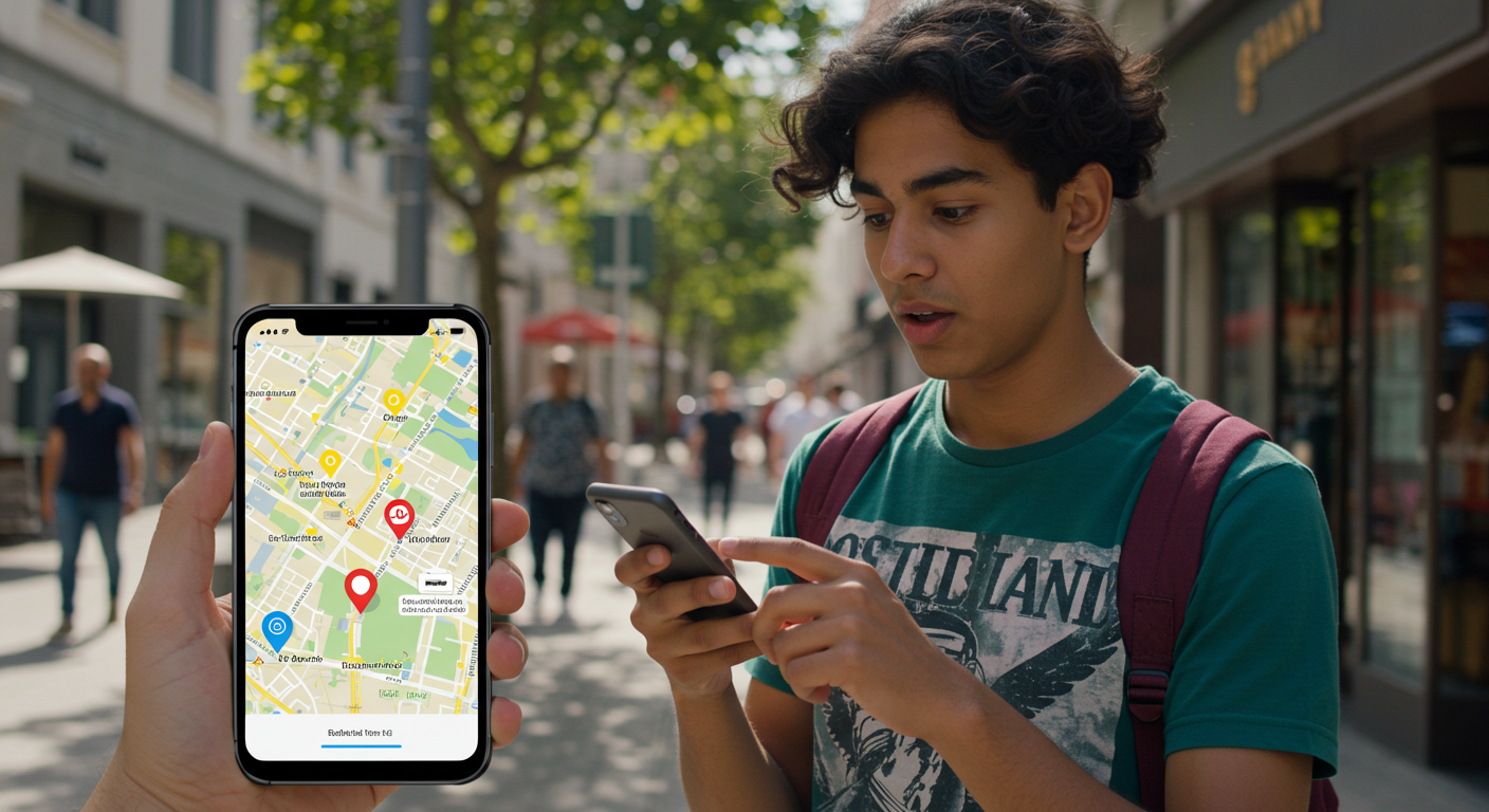 Figura 2 Joven revisa un mapa de restaurantes cercanos usando búsqueda por ubicación