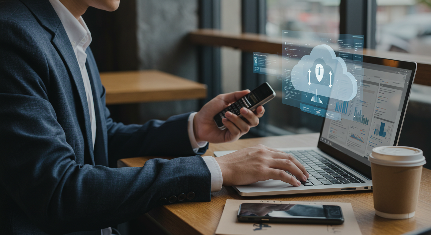 Figura 1 Profesional trabaja desde una cafetería con laptop y celular: oficina virtual en la nube