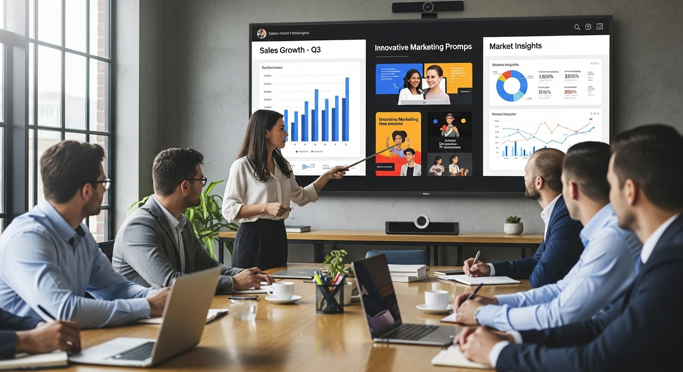 Figura 5 Equipo de trabajo revisando una presentación digital de datos de ventas
