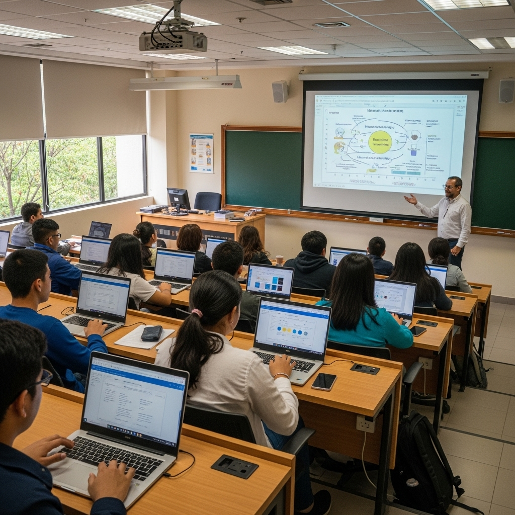 Figura 1 Clase con uso de laptops y apoyo docente con IA