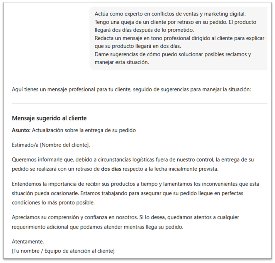 Figura 4 Revisión de redacción de mensaje a cliente en Chat GPT