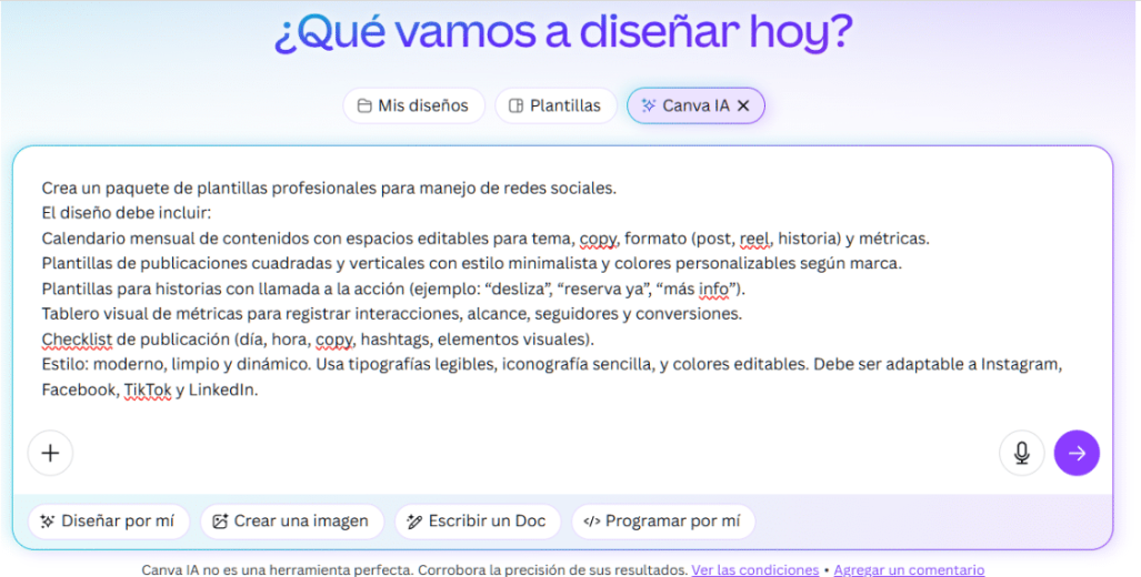 Figura 3 Panel de creación en Canva con IA