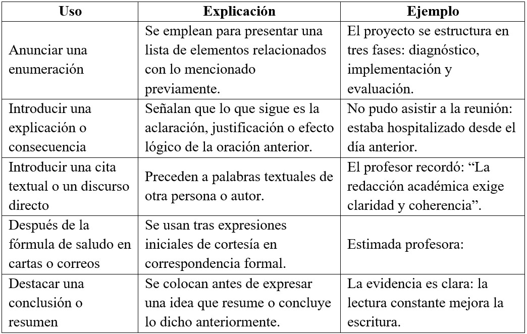 Tabla 2 Usos de los dos puntos