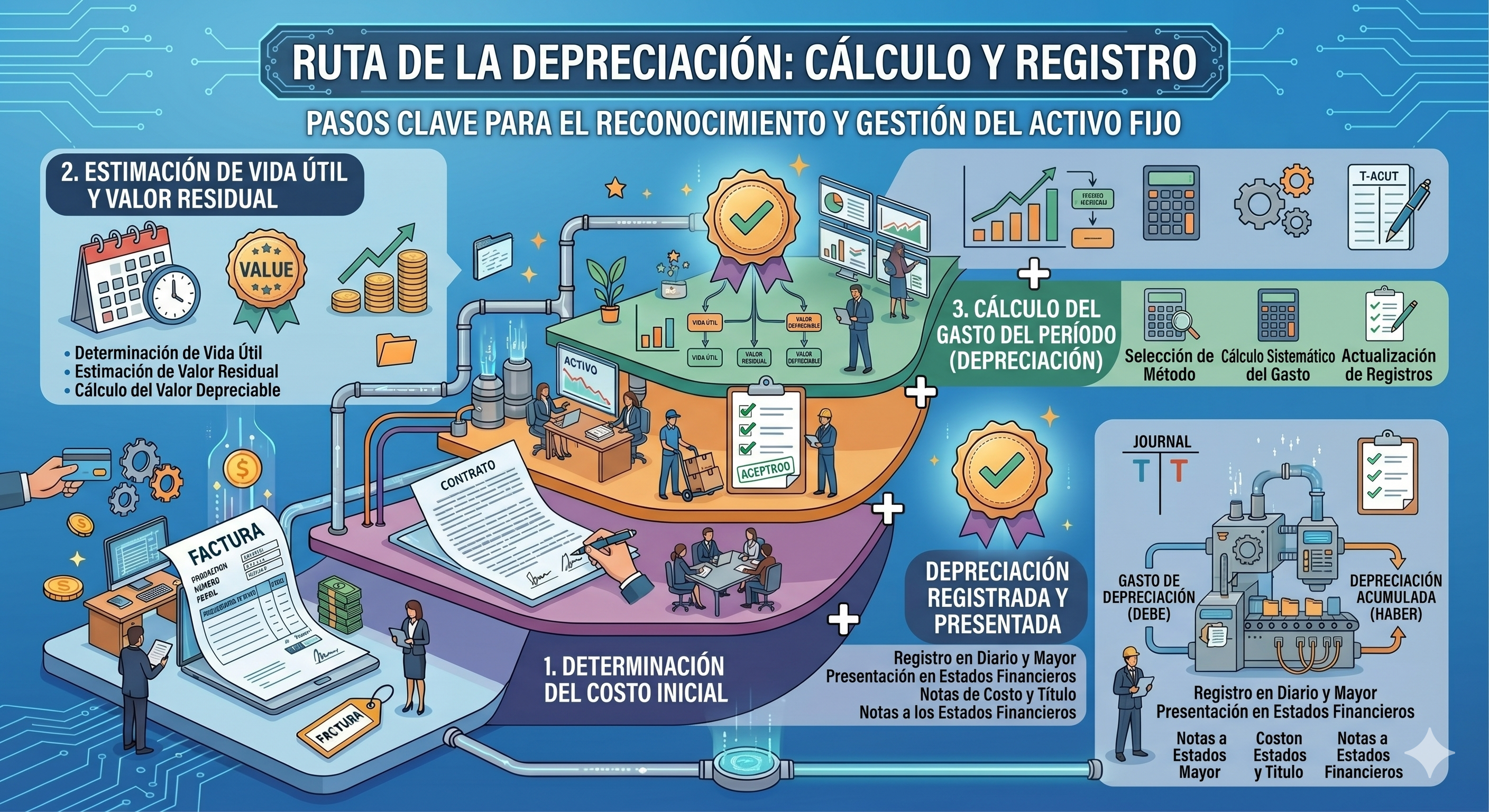 Ruta de la depreciación: costo, vida útil, valor residual y gasto del período