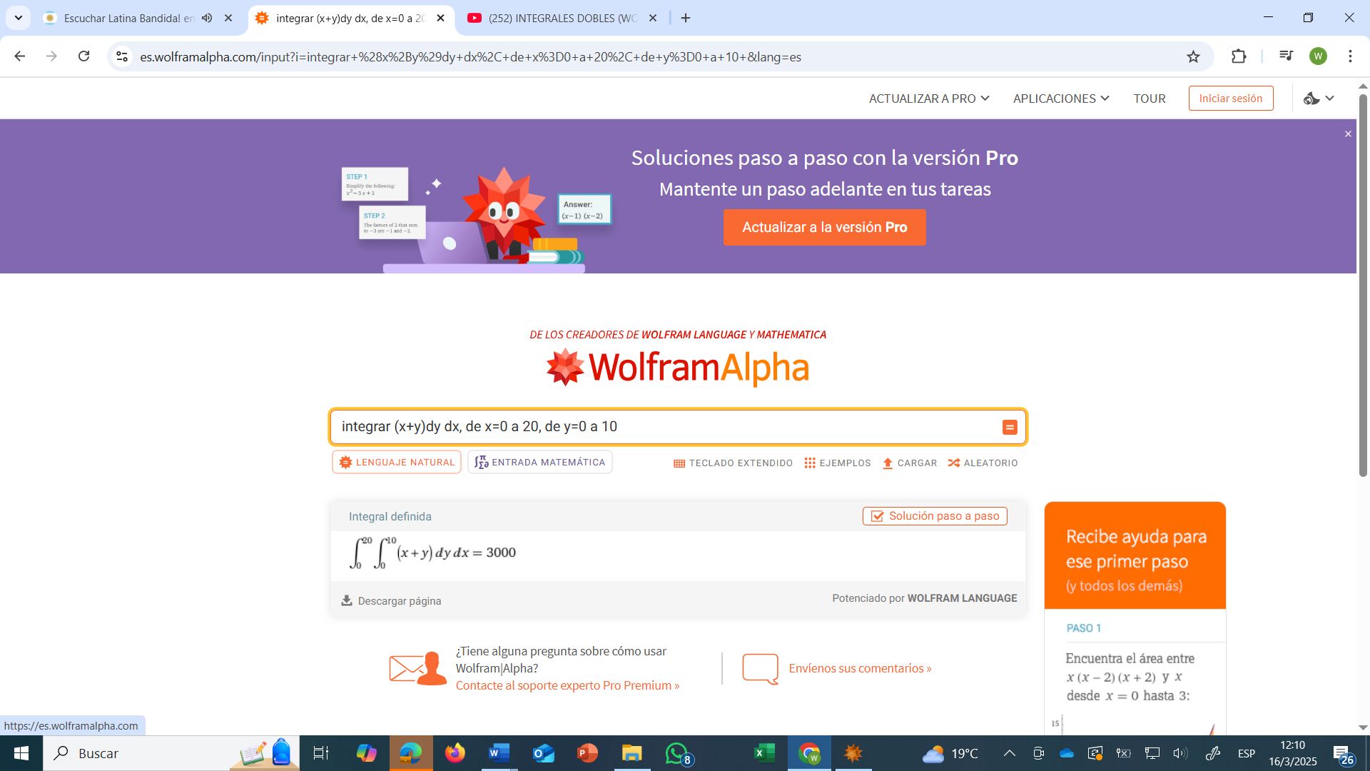 Figura 1 Solución de la integral doble de la función f(x,y)=(x+y)