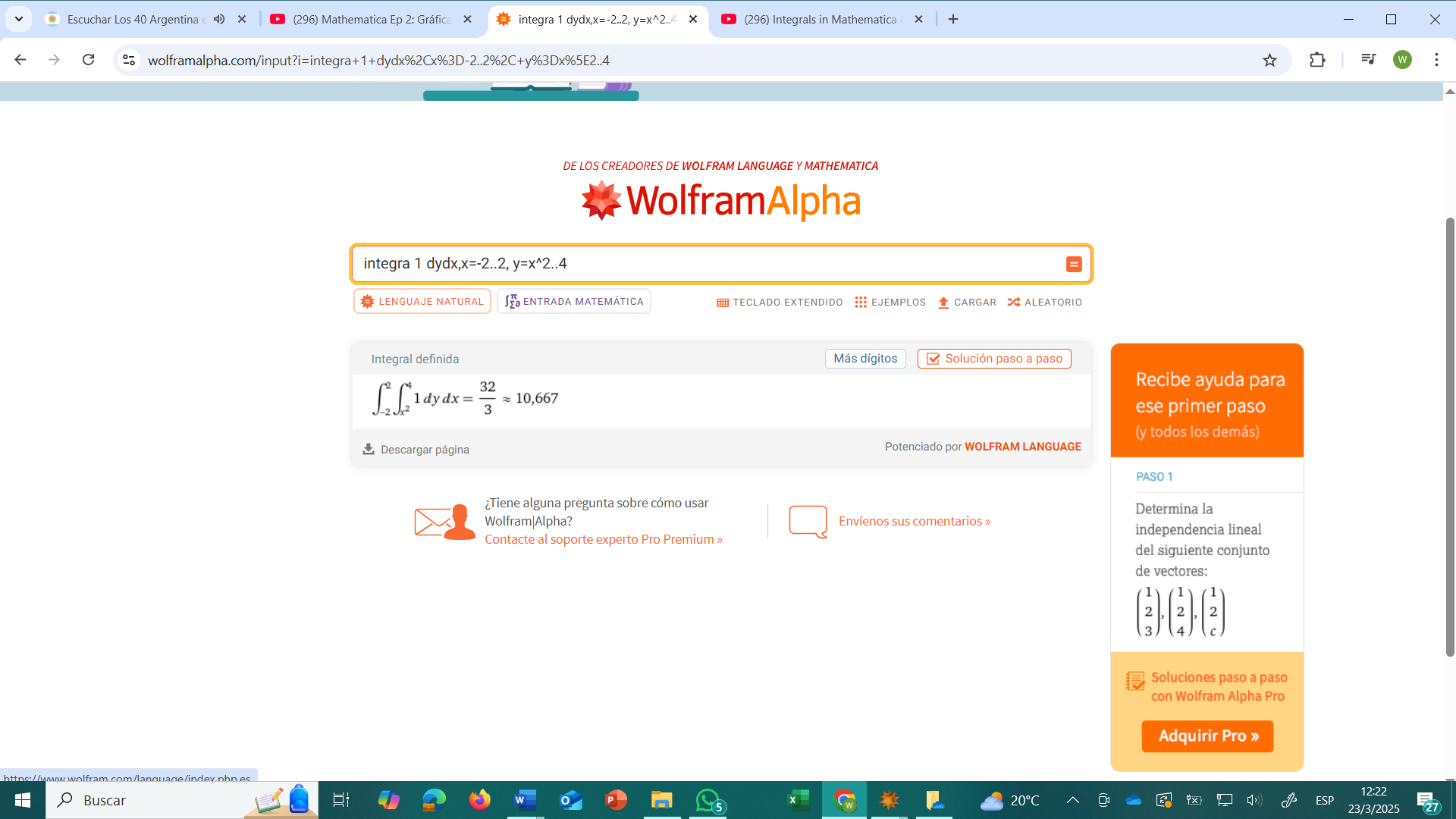 Figura 2 Captura de pantalla de solución de la integral doble que representa el área de la región D delimitada por las curvas y=x<sup>2</sup>, y=4 utilizando WolframAlpha