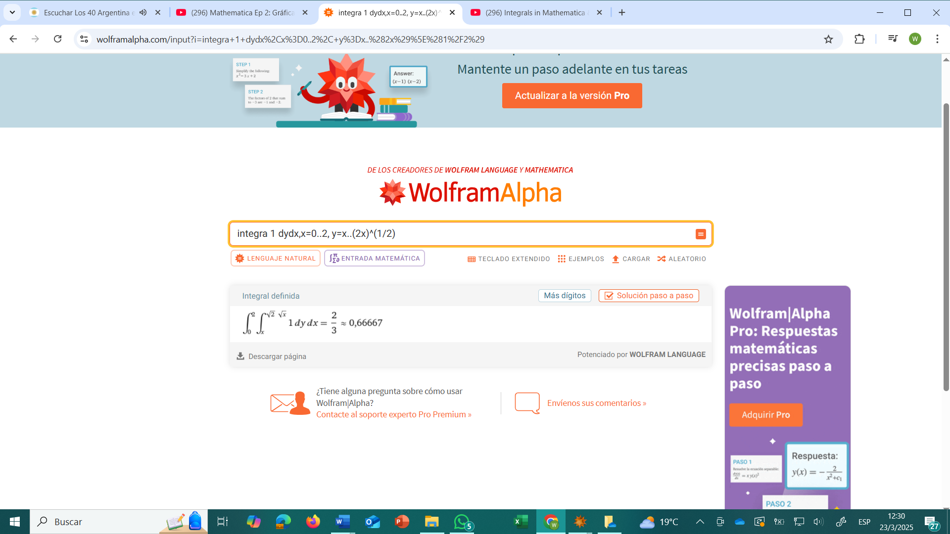 Figura 4 Captura de pantalla de solución de la integral doble que representa el área de la región D delimitada por las curvas 2x=y<sup>2</sup>, y=x utilizando WolframAlpha