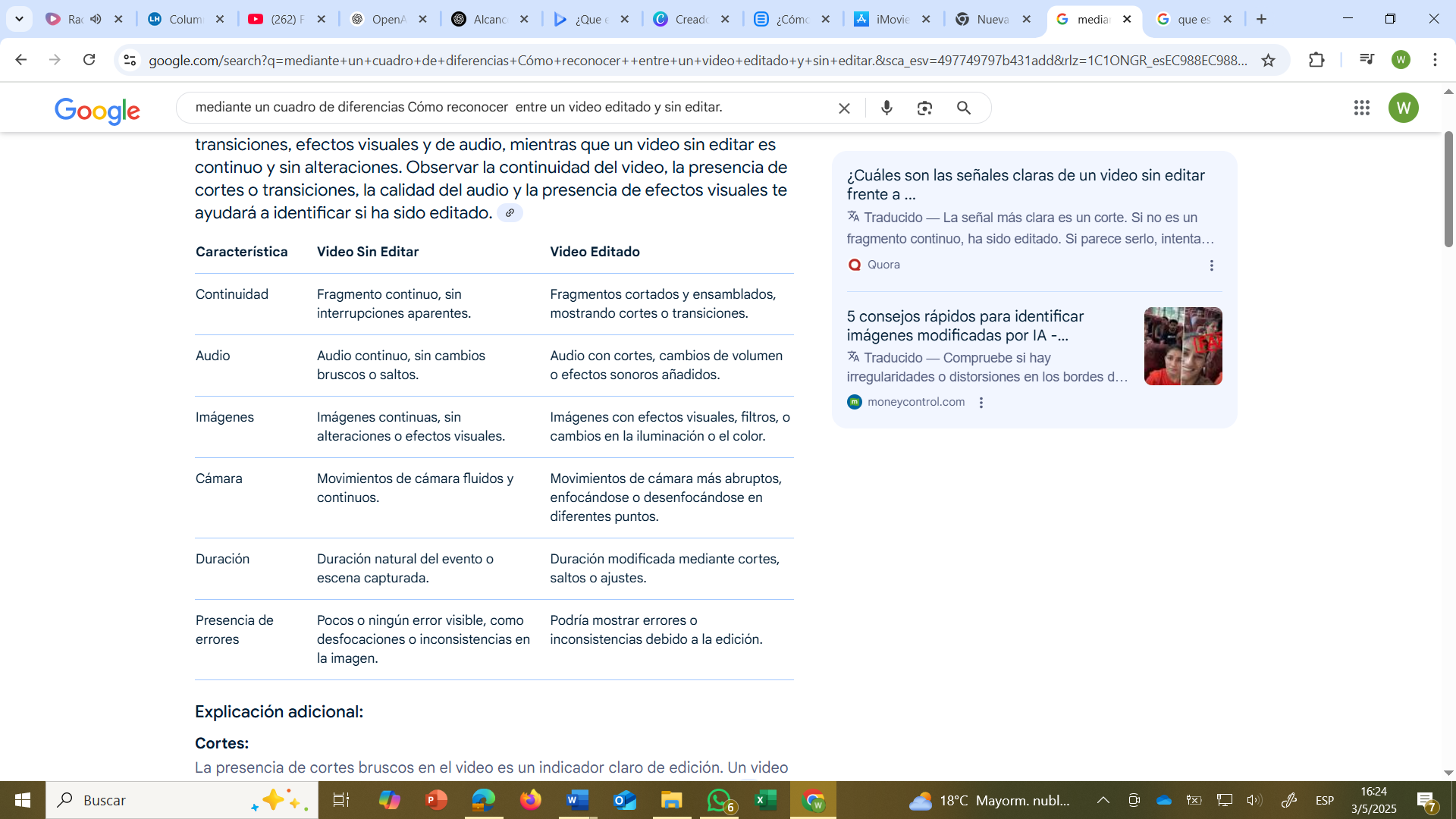 Figura 6 Cuadro de características entre un video editado y uno sin editar