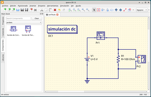Simulador QUCS-s  con el circuito para la ley de Ohm.