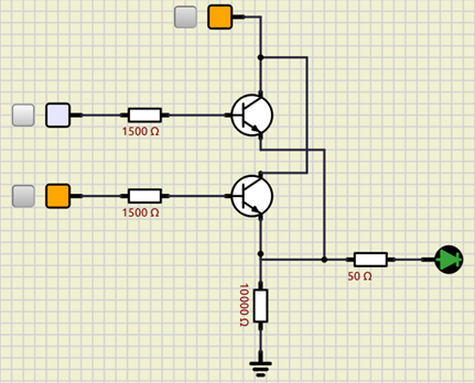 Compuerta lógica OR implementada con BJT. Combinación 0 1 