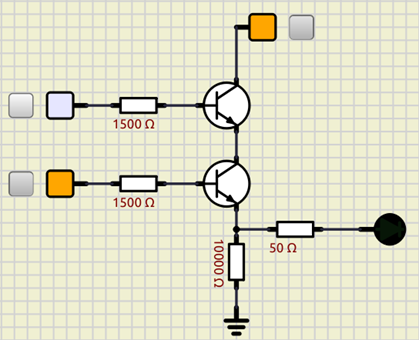 Compuerta lógica AND implementada con BJT. Combinación 0 1 
