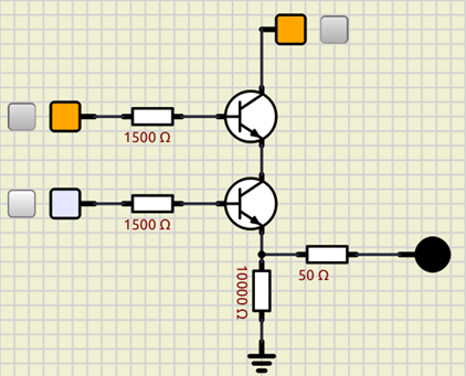 Compuerta lógica AND implementada con BJT. Combinación 1 0 