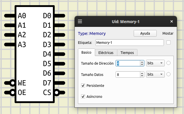 Memoria RAM simulada en SimulIDE con 4 bits de direcciones y palabra de 8 bits