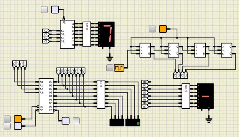 Circuito decodificador de mensajes usando una memoria Ram/Rom que presenta la salida de la combinación 0111 del contador asíncrono elaborado con flip-flops