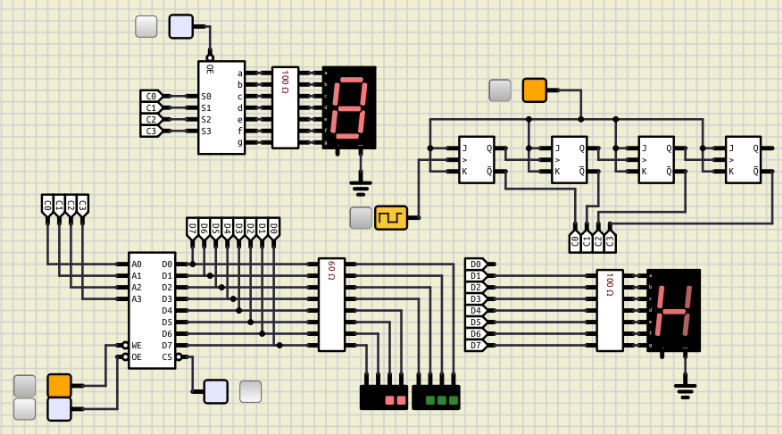 Circuito decodificador de mensajes usando una memoria Ram/Rom que presenta la salida de la combinación 1000 del contador asíncrono elaborado con flip-flops