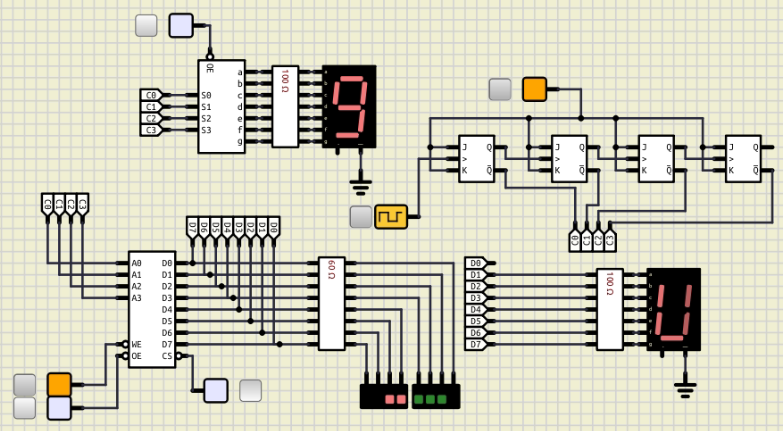 Circuito decodificador de mensajes usando una memoria Ram/Rom que presenta la salida de la combinación 1001 del contador asíncrono elaborado con flip-flops
