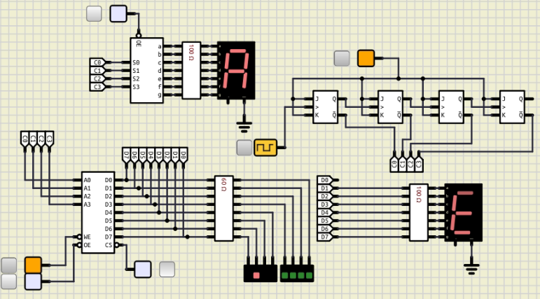 Circuito decodificador de mensajes usando una memoria Ram/Rom que presenta la salida de la combinación 1010 del contador asíncrono elaborado con flip-flops