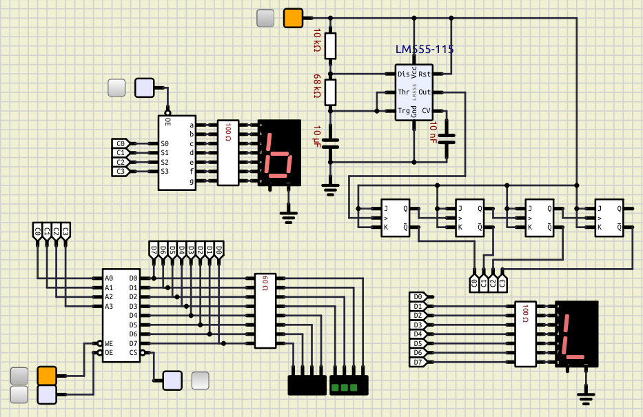 Circuito decodificador de mensajes usando una memoria Ram/Rom que presenta la salida de la combinación 1011 del contador asíncrono elaborado con flip-flops