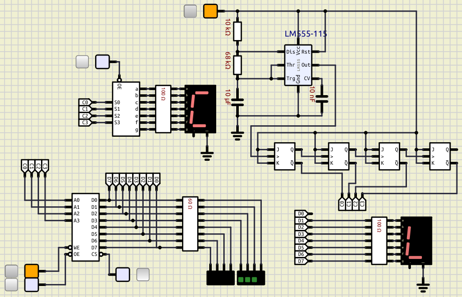 Circuito decodificador de mensajes usando una memoria Ram/Rom que presenta la salida de la combinación 1100 del contador asíncrono elaborado con flip-flops
