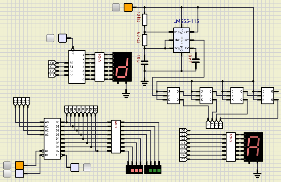 Circuito decodificador de mensajes usando una memoria Ram/Rom que presenta la salida de la combinación 1101 del contador asíncrono elaborado con flip-flops 
